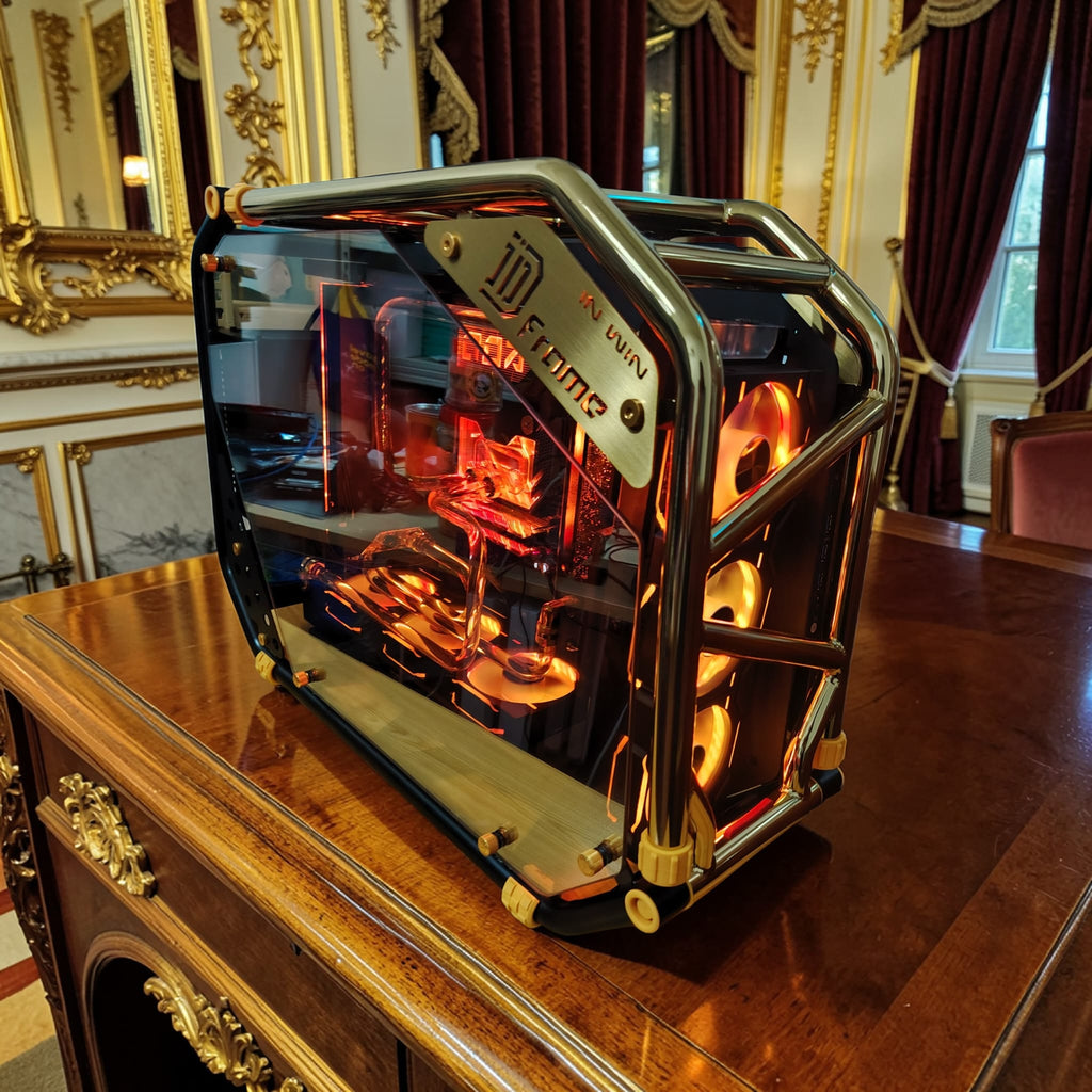 Ultra Luxury Open-Frame Custom Water-Cooled PC – RTX 5080 | Ryzen 7 9800X3D | Gold Hardline Loop